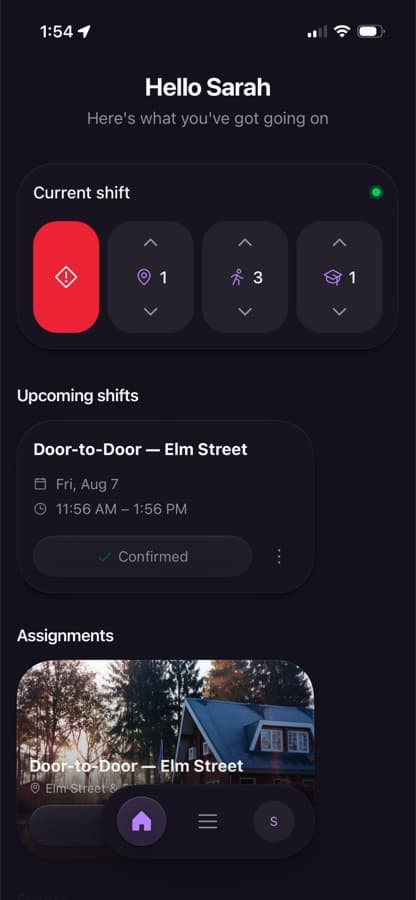 Home dashboard showing upcoming shifts and assignments