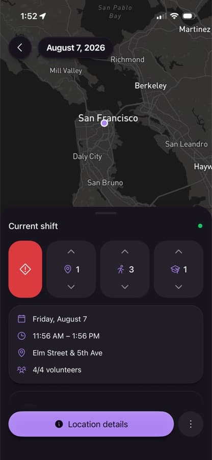Shift detail screen with live map